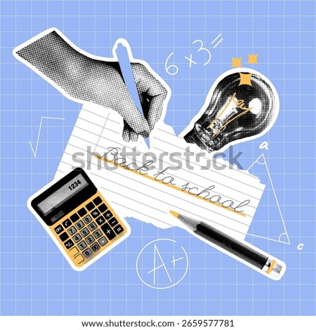 Back to school retro collage with calculator and lightbulb
