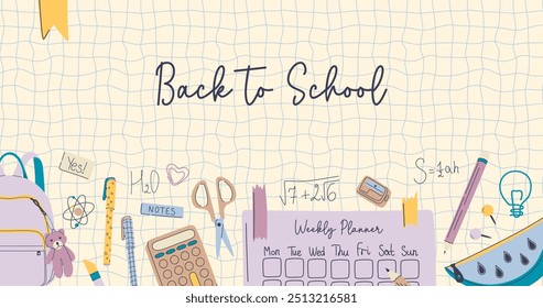 Fondo de colores retro de regreso a la escuela con cosas de la escuela. Anuncio temático educativo con diferentes materiales de papelería sobre un telón de fondo de cuadrícula. Ilustración vectorial de diseño plano dibujado a mano.