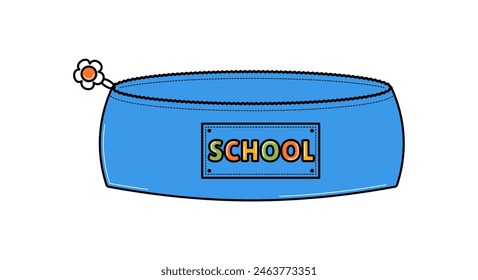 Back to school retro contemporary illustration. Funky school pencil case with an inscription and flowers on a transparent background. Vintage vector design