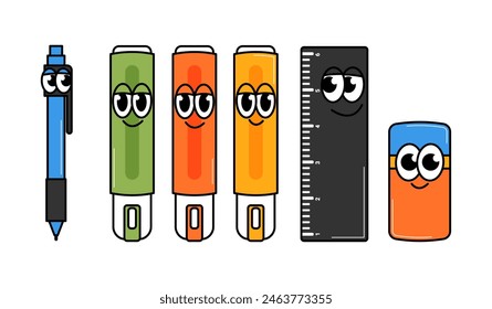 Back to school retro contemporary illustration. Set of school supplies and stationery pen, markers, ruler, eraser with cute faces on a transparent background. Vintage vector design