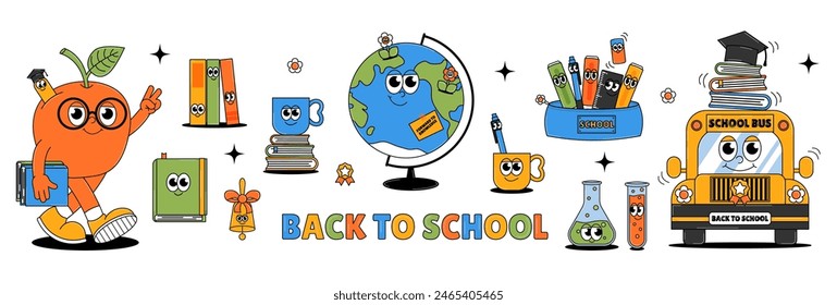 Back to school retro contemporary set. Funky groovy collection of elements and characters. Funny earth planet, school bus, apple, books and other. Vector illustration