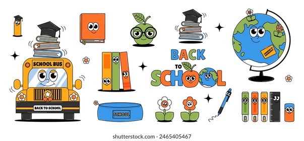 Back to school retro contemporary set. Funky groovy collection of characters. Funny earth planet, school bus, books, flowers and other. Vector illustration