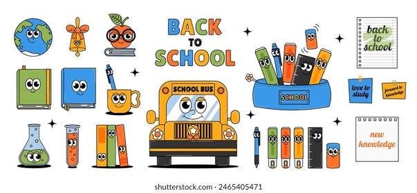 Back to school retro contemporary set. Funky groovy elements and characters. Funny earth planet, school bus, pencil case, stationery and other. Vector illustration