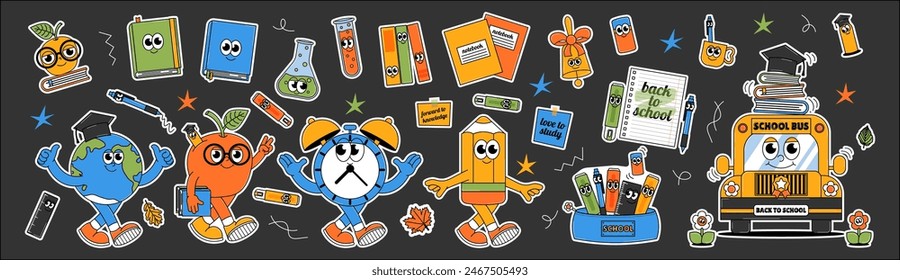 Back to school retro contemporary set. Funky groovy collection of elements and characters. Funny earth planet, school bus, apple, alarm clock, pencil and other. Vector illustration.