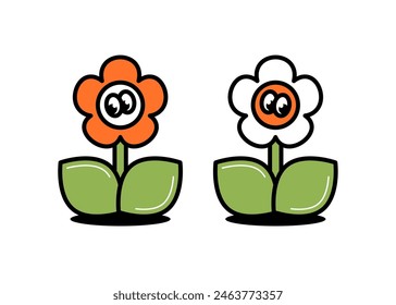Back to school retro contemporary vector art. Funky groovy flowers with cute faces on a transparent background. Trendy illustration