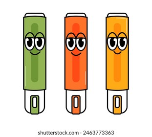 Arte vectorial contemporáneo retro de vuelta a la escuela. Conjunto de marcadores de personajes en colores verde, amarillo y rojo con caras lindas. Funky Elementos geniales en un fondo transparente. Ilustración de moda.