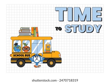 Back to school retro cute character. Funny school bus, apple, earth, alarm clock, pencil. Funky groovy banner. Time to study. Contemporary vector illustration.