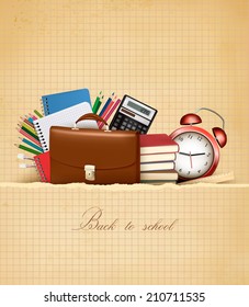 Back to school. Retro education background with school supplies and old paper. Vector.