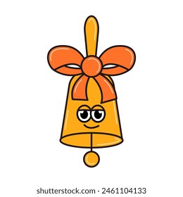Back school retro funky character. Funny bell with bow and cute face. Funky groovy sticker on a transparent background. Contemporary vector illustration.