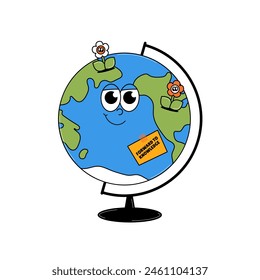 Back to school retro funky character. Cute Earth globe with flowers and sticker. Funky groovy object on a transparent background. Contemporary vector illustration.