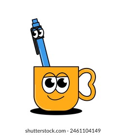 Back to school retro funky character. Funny mug and pen with cute faces. Groovy element on a transparent background. Contemporary vector illustration.