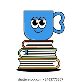 Zurück zur Schule Retro-Funky-Charakter. Groovy Becher mit einem niedlichen Gesicht auf einem Stapel Bücher oder Lehrbücher. Zeitgenössische Vektorillustration auf durchsichtigem Hintergrund