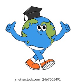 Back to school retro funky character. Cute walking Earth globe with graduation cap. Funky groovy personage on a transparent background. Contemporary vector illustration.