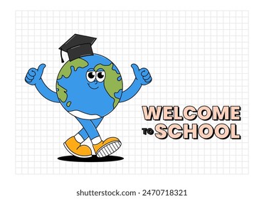 Back to school retro funky character. Welcome to school. Cute walking Earth globe with graduation cap. Funky groovy banner. Contemporary vector illustration.