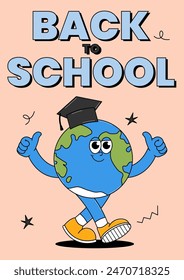 Zurück zur Schule Retro-Funky-Charakter. Netter wandernder Erdglobus mit Graduierungskappe. Funky grooviges Poster, Karte. Zeitgenössische Vektorillustration.