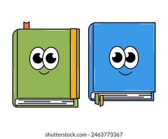 Back to school retro funky characters. Books or textbooks with cute cheerful faces. Groovy element on a transparent background. Contemporary vector illustration