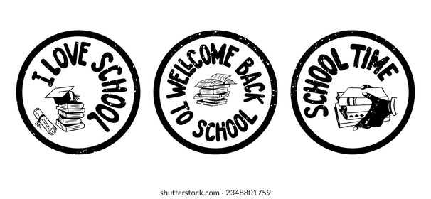 Back to school retro groovy grunge stamps. Set of round compositions with text about returning to school and books with paint splashes. Perfect as stickers, printouts, tshirt graphic