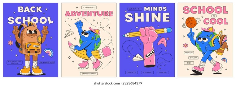 Back to school retro groovy posters. Education conception. Funky cute characters. Earth planet, backpack, hand with pencil. Contemporary vector illustration.
