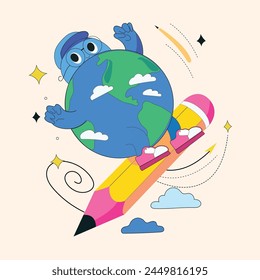 Back to school retro groovy posters. Education conception. Funky cute characters. Earth planet, backpack, hand with pencil. Contemporary vector illustration.