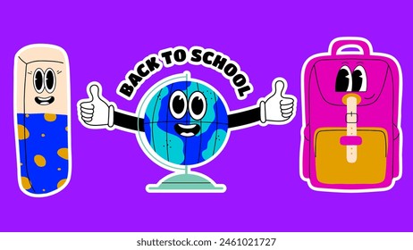 Back to school retro groovy set stickers. Funny cute characters. Backpack, globe, eraser. Vector
