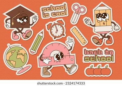 Back to school retro groovy stickers pack. Vintage Education conception. Funky cute stationery characters. Contour flat Vector illustration.