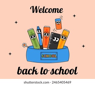 Back school retro poster. Education concept. School pencil case with pen, markers, ruler and eraser. Contemporary vector illustration