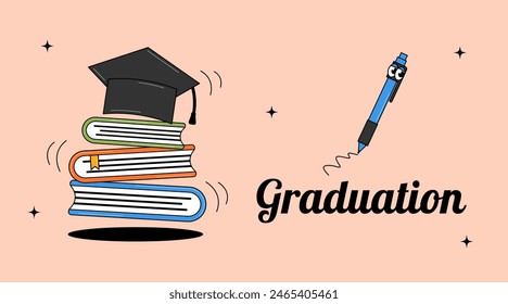 Cartel retro de la escuela de atrás estilo groovy. Juego de libros, gorra de graduación y bolígrafo lindo con cara. Ilustración vectorial contemporánea