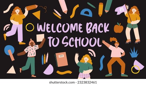 Back to school retro poster set with student and lettering. First day of school. Vector illustration in cartoon groovy style.