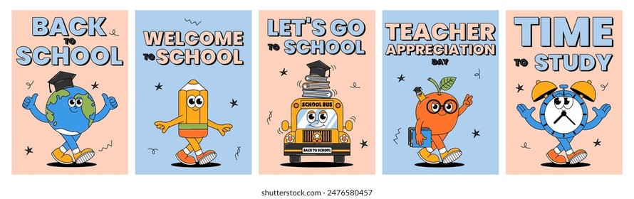 Back school retro poster set. Education concept with retro groovy characters. Contemporary vector illustration