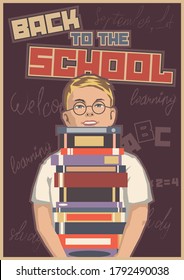 De vuelta a la escuela, propaganda retro soviética educativa afiche Estilización, escolar con anteojos y libros 