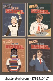 Back to the School Retro Soviet Education Propaganda Posters Stylization, Schoolboys and Girl, Books, Divider, Drawings, september, 1 Set 