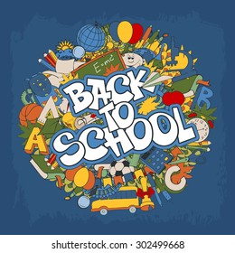 Back to school retro styled doodle creative design with stationery and other education elements on blue grunge background. Vector illustration.