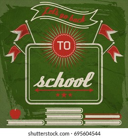 Back to school retro template with frame flags books apple ribbon on green vintage background vector illustration