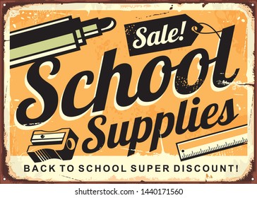 Back to school retro tin sign design layout. Vintage poster for school supplies discount. Seasonal September sale vector flyer illustration.