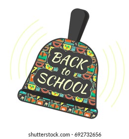Back to school ringing bell symbol with school pattern cover. Flat vector educational sign for september study beginning