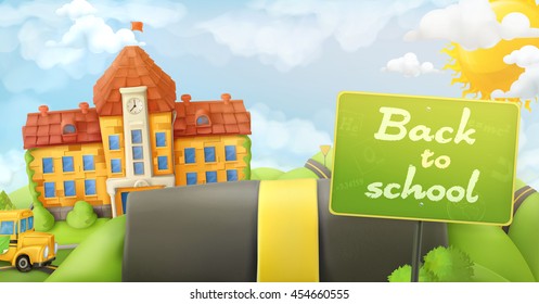 Back to school, road and sign, vector cartoon background