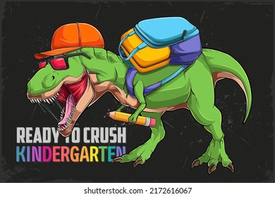 Back to school roaring green dinosaur t rex wearing orange cap and backpack with crayon in his hand 