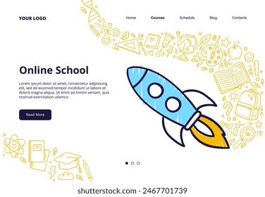 Back to school. A rocket with school supplies and educational elements. Hand-drawn vector illustrations for web page, banner, or promo.