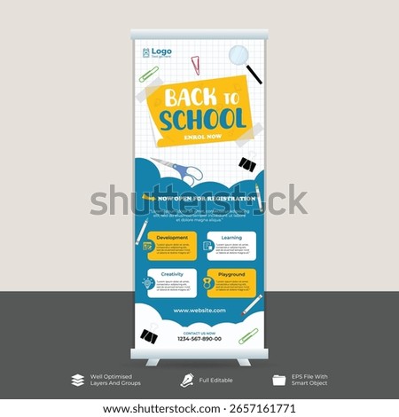 Back to school roll up banner template design. School Admission Banner design illustration for marketing.