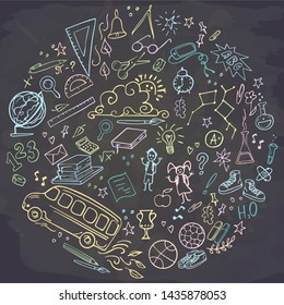 Back to School round banner. Set of doodles icons of education, science objects, office supplies on chalckboard. Vector illustration.