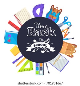 Back to school round banner with text isolated on black, surrounded by learning accessories as bags, pens and pencils, different rulers, clock vector