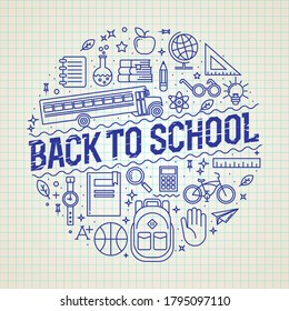 Back to school round circle badge or label or logo design template with thin lined icons. Works for school poster or flyer or banner design. Vector illustration
