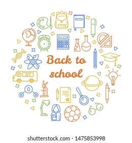 Back to school round concept banner with colorful line icons and text