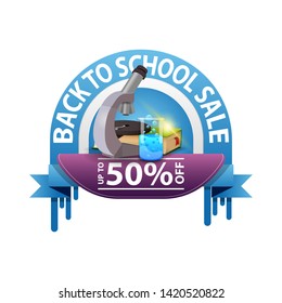Back to school, round discount banner for your website with microscope, books and chemical flask