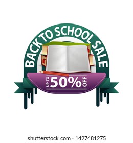 Back to school, round discount banner for your website with school textbooks and notebook