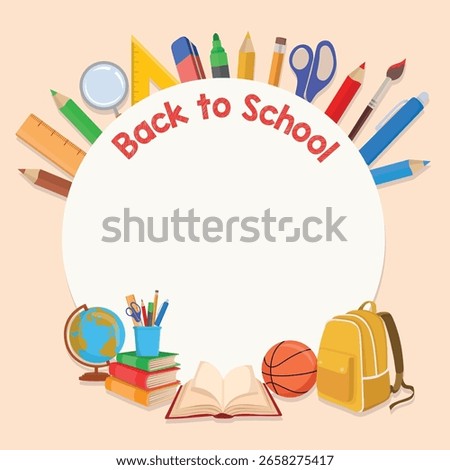 Back to school round frame greeting card with colorful school supplies and elements perfect for educational and kids themed designs