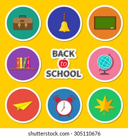 Back to school round icon set. Green board, bell, alarm clock, world globe, book shelf, paper plane, schoolbag, maple leaf. Yellow background Flat design Vector illustration 