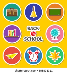 Back to school round icon set. Green board, bell, alarm clock, world globe, book shelf, paper plane, schoolbag, maple leaf. Yellow background Chalk text Flat design Vector illustration 