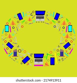 Back to School round set. Learning school icon collection. First day school equipment, Education concept icon kit. Scissors, laptop, smartpone, pen, paints vector