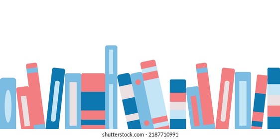 Back to school. Row of different colorful books vector flat illustration. Educational or entertainment textbooks with multicolored covers horizontal background. Seamless pattern with books in a row